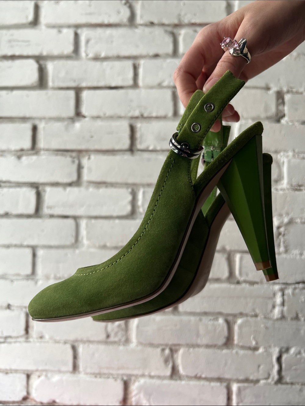 Nine West Green Suede Slingback High Heel Pumps - Women's with buckle sling back